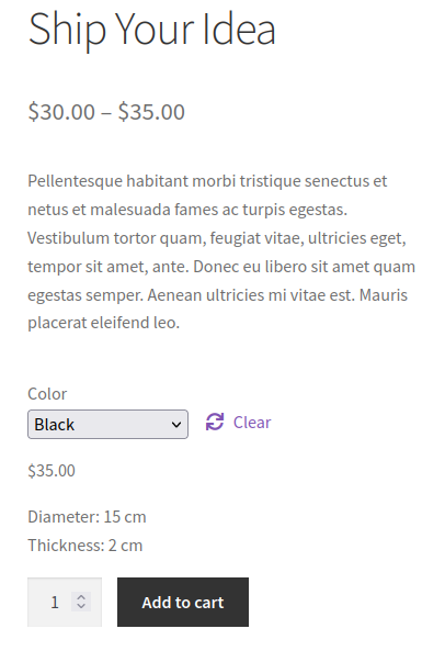 A dummy product called "Ship your idea". There's some lorem ipsum text displayed. A color attribute is chosen as "black". The price reads $35 and the dimensions discussed in the tutorial read "Diameter: 15cm" and "Thickness: 2cm"