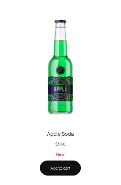 A clear, glass soda bottle filled with green liquid. The label is black and decorative and reads "Apple" in white text. Below there is the product title "Apple soda", the price $3.00, and a red text that reads "New". At the bottom is a black button that reads "add to cart".